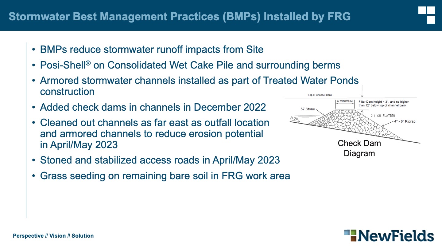Stormwater Best Management Practices (BMPs) Installed by FRG BMPs reduce stormwater runoff impacts from Site Posi-Shell® on Consolidated Wet Cake Pile and surrounding berms Armored stormwater channels installed as part of Treated Water Ponds construction Added check dams in channels in December 2022 Cleaned out channels as far east as outfall locationand armored channels to reduce erosion potentialin April/May 2023 Stoned and stabilized access roads in April/May 2023 Grass seeding on remaining bare soil in FRG work area