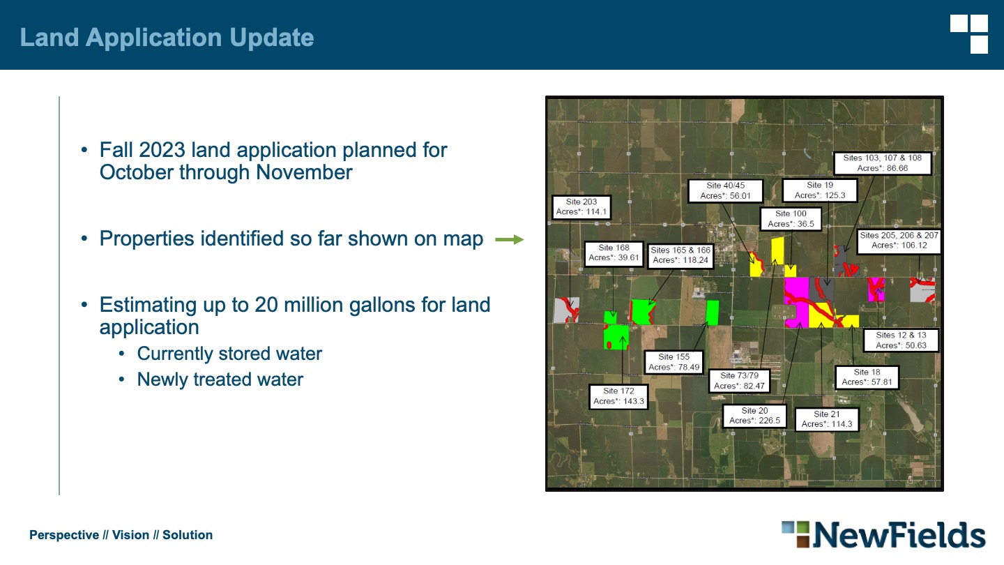 Land Application Update Fall 2023 land application planned for October through November Properties identified so far shown on map Estimating up to 20 million gallons for land application Currently stored water Newly treated water