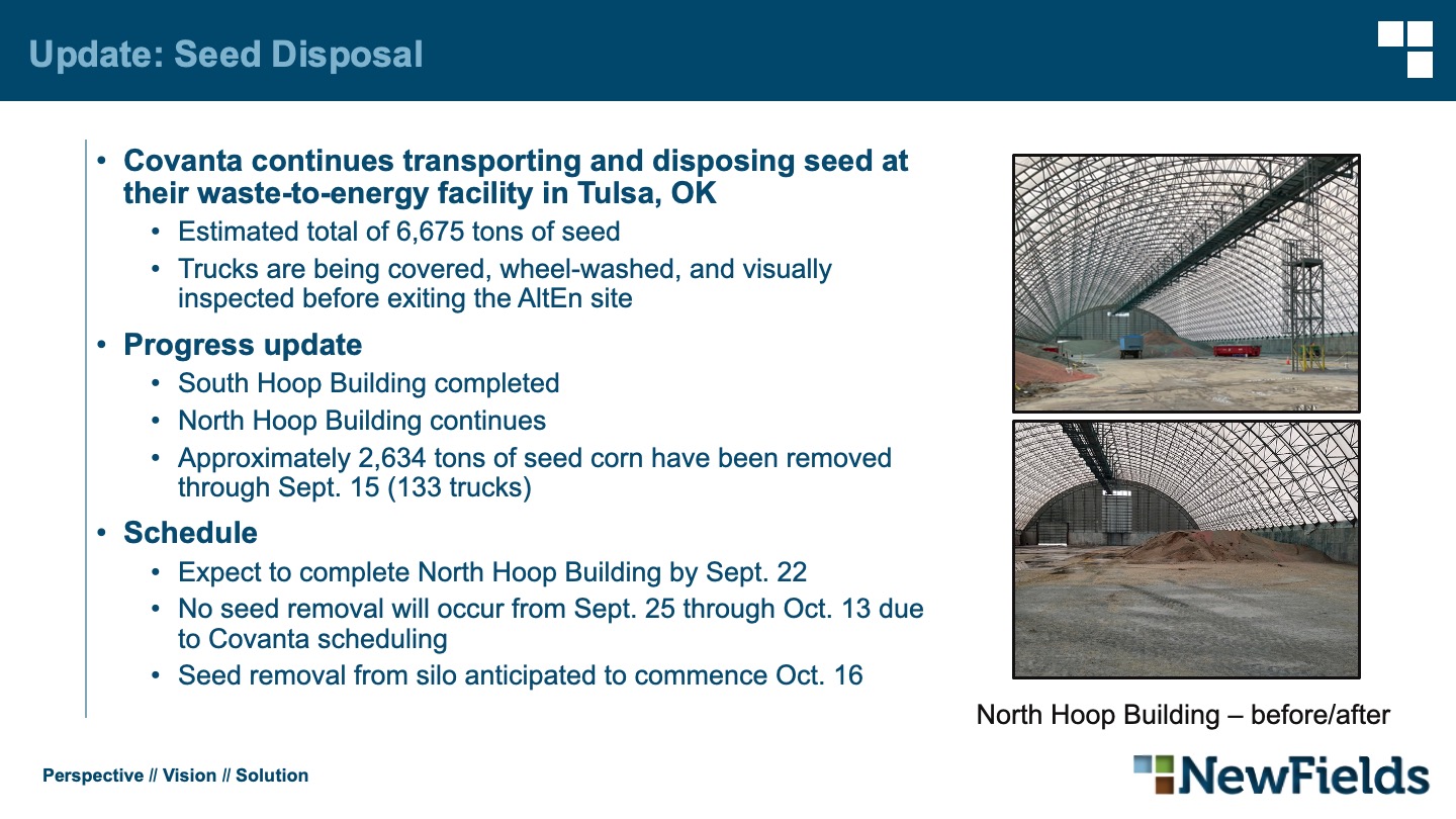 Covanta continues transporting and disposing seed at their waste-to-energy facility in Tulsa, OK Estimated total of 6,675 tons of seed Trucks are being covered, wheel-washed, and visually inspected before exiting the AltEn site Progress update South Hoop Building completed North Hoop Building continues Approximately 2,634 tons of seed corn have been removed through Sept. 15 (133 trucks) Schedule Expect to complete North Hoop Building by Sept. 22 No seed removal will occur from Sept. 25 through Oct. 13 due to Covanta scheduling Seed removal from silo anticipated to commence Oct. 16
