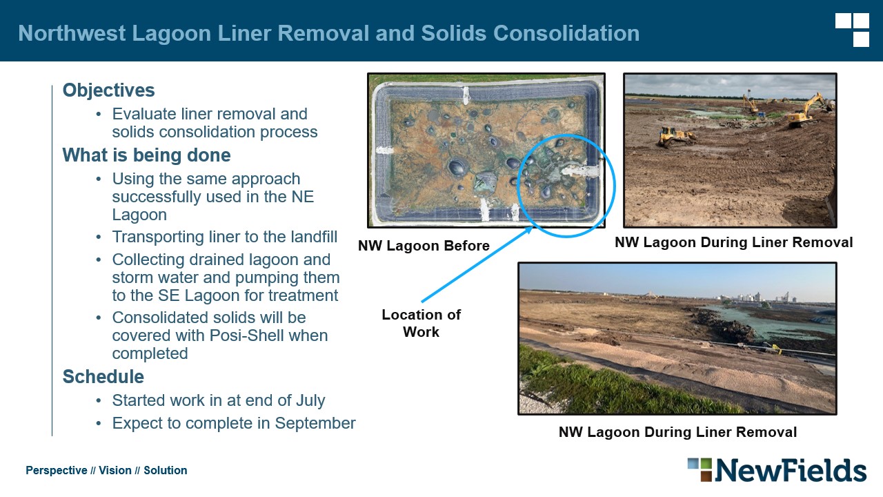 Northwest Lagoon Liner Removal and Solids Consolidation. Objectives​ Evaluate liner removal and​ solids consolidation process​ What is being done​ Using the same approach successfully used in the NE Lagoon​ Transporting liner to the landfill​ Collecting drained lagoon and storm water and pumping them to the SE Lagoon for treatment​ Consolidated solids will be covered with Posi-Shell when completed​ Schedule​ Started work in at end of July​ Expect to complete in September​