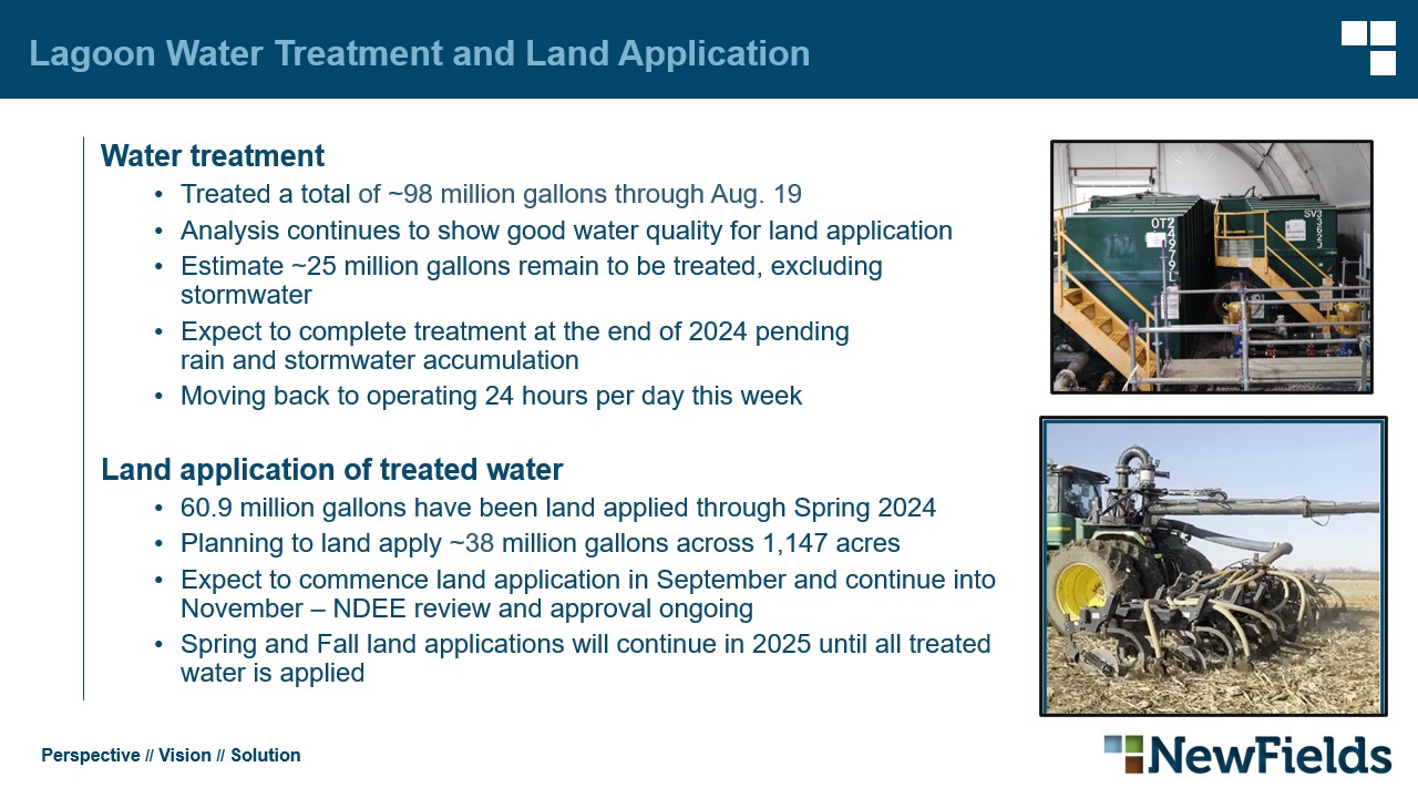 Lagoon Water Treatment and Land Application Water treatment​ Treated a total of ~98 million gallons through Aug. 19​ Analysis continues to show good water quality for land application​ Estimate ~25 million gallons remain to be treated, excluding stormwater​ Expect to complete treatment at the end of 2024 pending​ rain and stormwater accumulation​ Moving back to operating 24 hours per day this week​ ​ Land application of treated water​ 60.9 million gallons have been land applied through Spring 2024​ Planning to land apply ~38 million gallons across 1,147 acres ​ Expect to commence land application in September and continue into November – NDEE review and approval ongoing​ Spring and Fall land applications will continue in 2025 until all treated​ water is applied