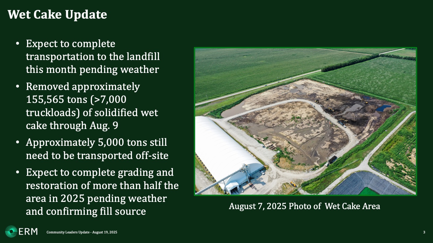 Wet Cake Update Total removal nears completion, with more than 155,500 tons of solidified wet cake transported to a landfill. Grading and restoration of more than half of the former wet cake pile will be completed this year, weather permitting.