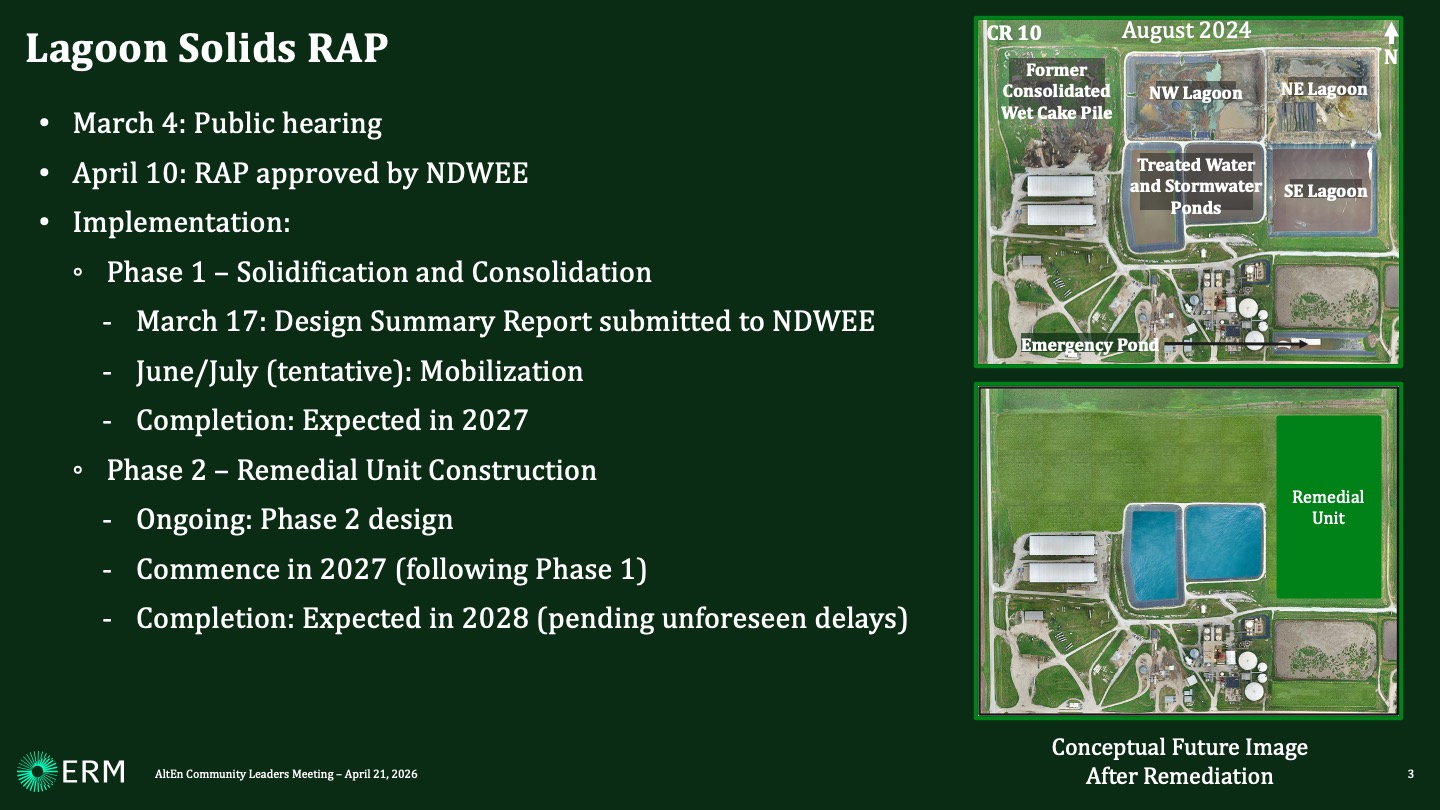 March 4: Public hearing April 10: RAP approved by NDWEE Implementation: Phase 1 – Solidification and Consolidation March 17: Design Summary Report submitted to NDWEE June/July (tentative): Mobilization Completion: Expected in 2027 Phase 2 – Remedial Unit Construction Ongoing: Phase 2 design Commence in 2027 (following Phase 1) Completion: Expected in 2028 (pending unforeseen delays)